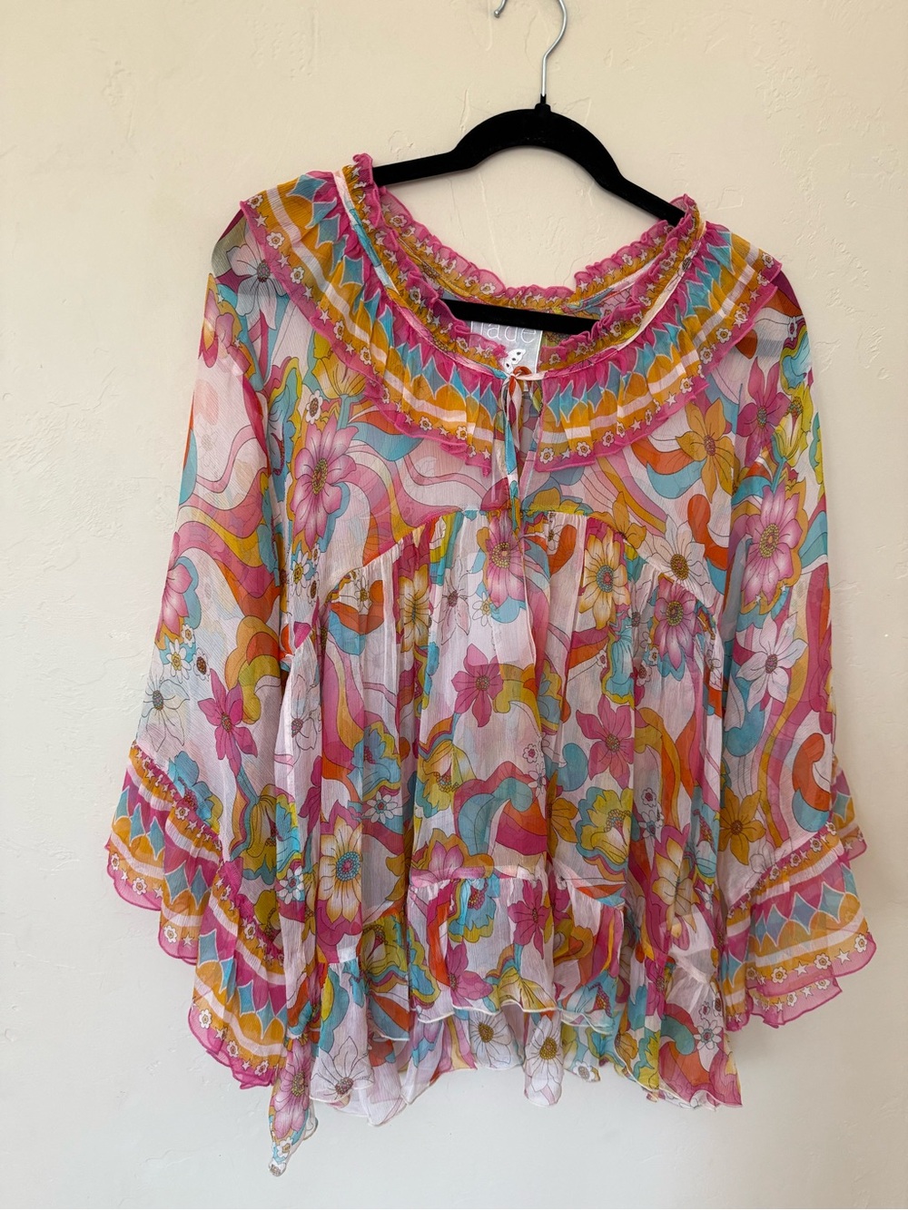 Silk Floral Boho Blouse Johnny Was Jade Gal Ruffle Tie Prismatic Dream XS - Picture 5 of 12